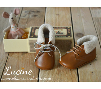 Chaussons bébé souples fourrés antidérapants Mini-Arthur - cuir CAMEL