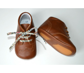 Chaussons bébé SOUPLES antidérapants Mini-Adonis - cuir COGNAC