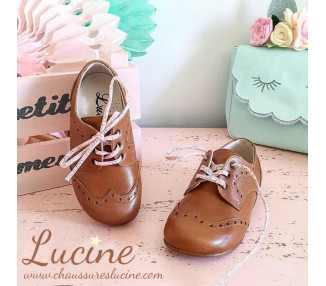 Chaussures derbies enfant à lacets Gabriel bout golf - cuir CAMEL