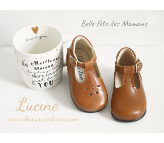 Bottillons Salomés ouverts pour bébés en cuir camel cognac