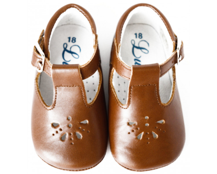 Chaussons bébé SOUPLES Salomé antidérapants Mini-Aloïs - cuir COGNAC