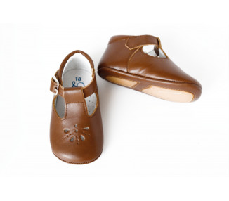 Chaussons bébé SOUPLES Salomé antidérapants Mini-Aloïs - cuir COGNAC