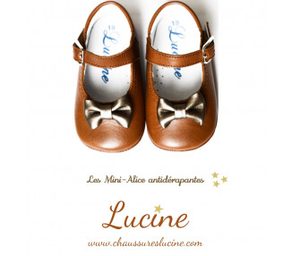 Chaussons bébé SOUPLES antidérapants fille à boucle Mini-Alice noeud - cuir CAMEL