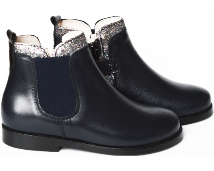 Boots bottines RESISTANTES fille - cuir BLEU MARINE col paillettes