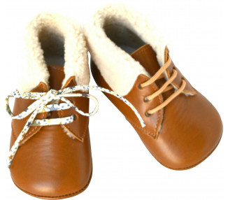 Chaussons bébé souples fourrés antidérapants Mini-Arthur - cuir CAMEL