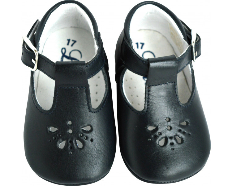 Chaussons bébé SOUPLES Salomé antidérapants Mini-Aloïs - cuir BLEU MARINE