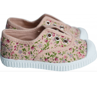 Chaussures baskets tennis en TOILES à lacets et élastiques - FLEURS rose nude