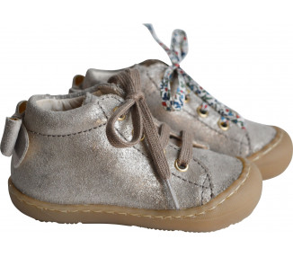 Chaussures bébé SOUPLES fille Max noeud - cuir Taupe irisé