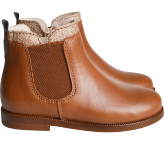 Boots bottines RESISTANTES fille - cuir CAMEL col paillettes