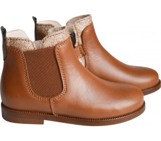 Boots bottines RESISTANTES fille - cuir CAMEL col paillettes