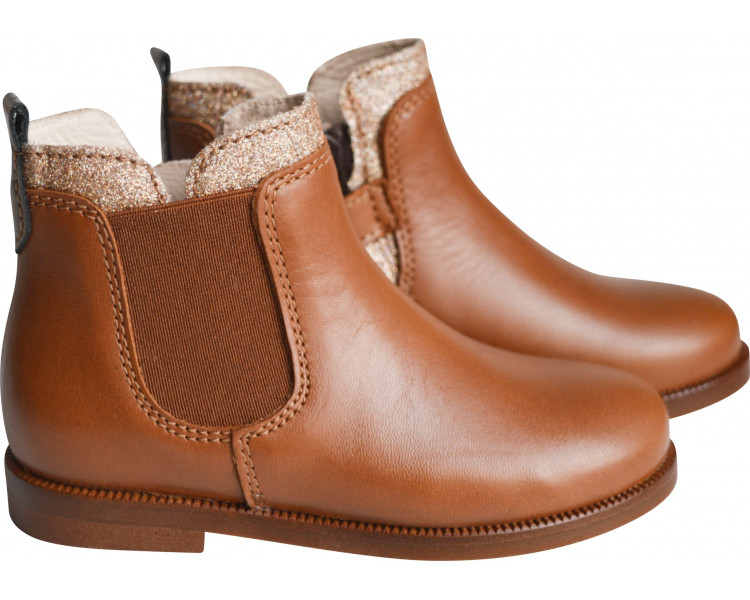 Boots bottines RESISTANTES fille - cuir CAMEL col paillettes