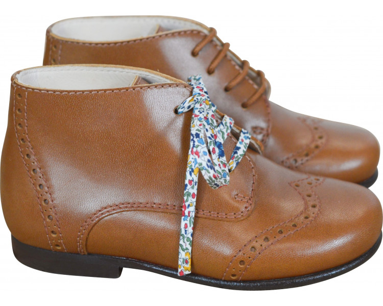 Chaussures montantes à lacets pour enfants filles et garçons en cuir bouts fleuris