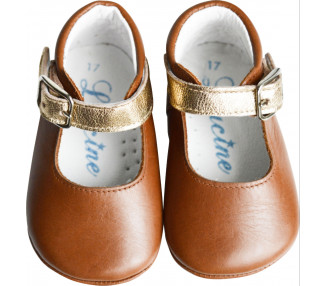 Chaussons bébé SOUPLES antidérapants fille à boucle Mini-Alice - cuir CAMEL et OR lisse