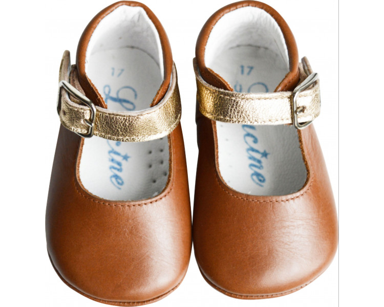 Chaussons bébé SOUPLES antidérapants fille à boucle Mini-Alice - cuir CAMEL et OR lisse