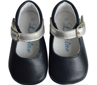 Chaussons bébé SOUPLES antidérapants fille à boucle Mini-Alice noeud - cuir MARINE et argent