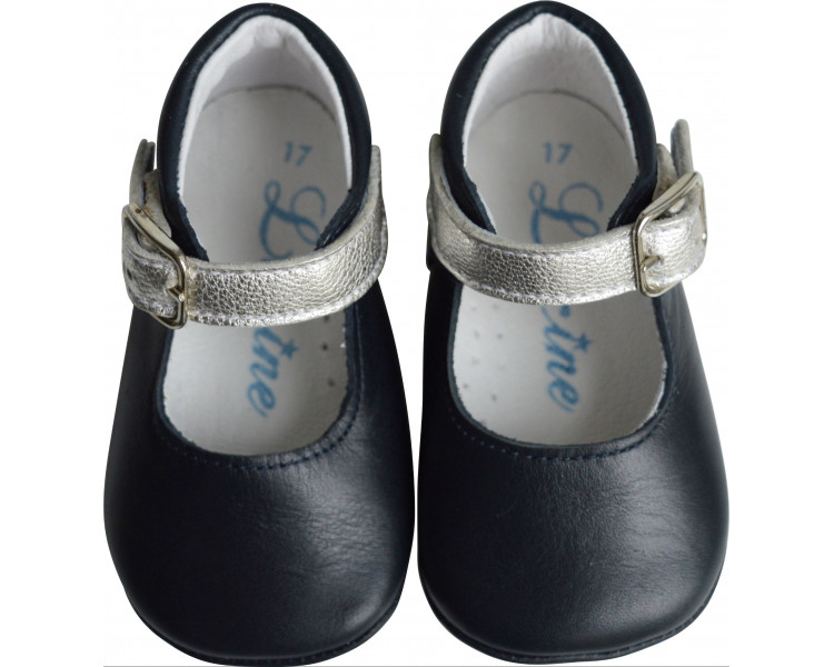 Chaussons bébé SOUPLES antidérapants fille à boucle Mini-Alice noeud - cuir MARINE et argent