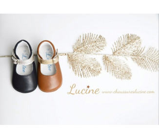 Chaussons bébé SOUPLES antidérapants fille à boucle Mini-Alice noeud - cuir MARINE et argent