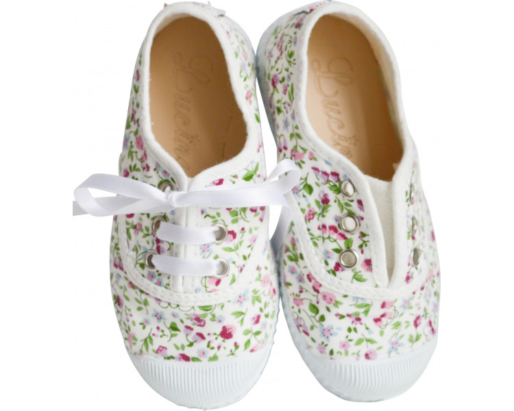 Chaussures baskets tennis en TOILES à lacets et élastiques - FLEURS blanches