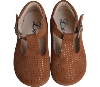 Chaussures Salomé bébé fille en cuir souple à pois camel