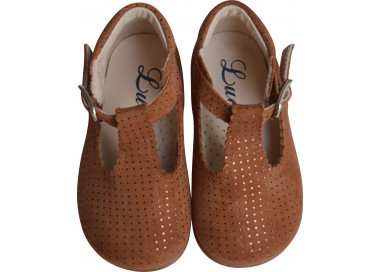 Chaussures Salomé bébé fille en cuir souple à pois camel